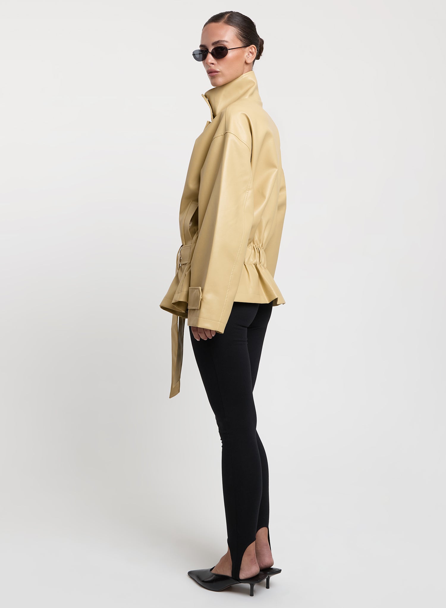 Butter Yellow Faux Leather Funnel Neck Jacket